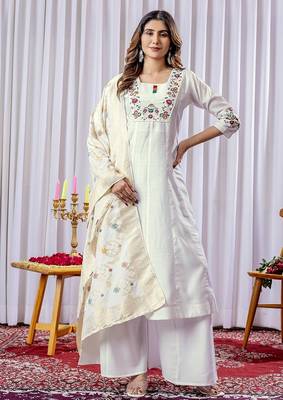 White embroidery thread work viscose cotton Kurta sets 1