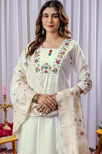 White embroidery thread work viscose cotton Kurta sets