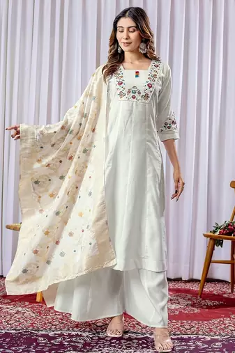 White embroidery thread work viscose cotton Kurta sets