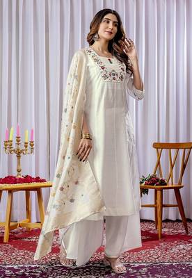White embroidery thread work viscose cotton Kurta sets 4