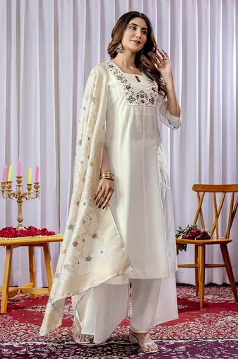 White embroidery thread work viscose cotton Kurta sets