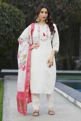 White viscose embroidery thread work Kurta sets 1