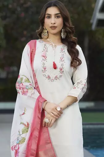 White viscose embroidery thread work Kurta sets