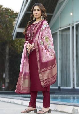 Maroon  viscose embroidery thread work Kurta sets 2