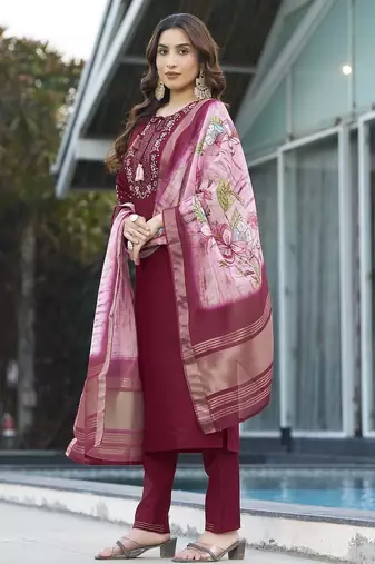 Maroon  viscose embroidery thread work Kurta sets