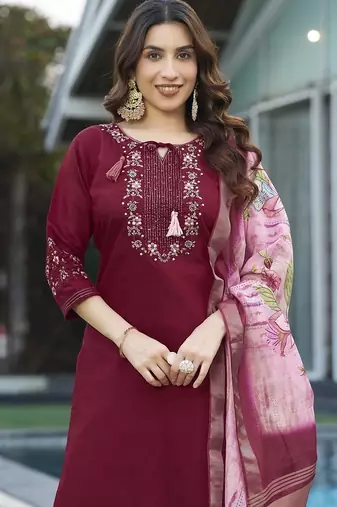 Maroon  viscose embroidery thread work Kurta sets