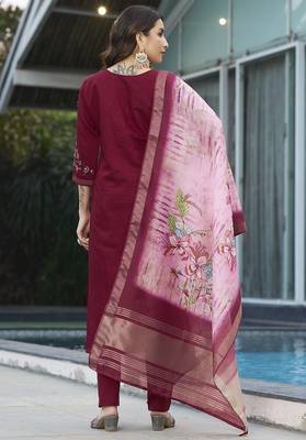 Maroon  viscose embroidery thread work Kurta sets 4