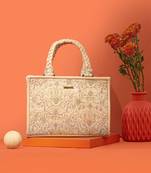 Beige silk embroidered handbag