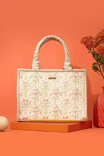 White silk embroidered handbag