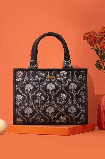 Black silk embroidered handbag
