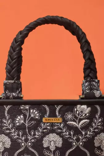 Black silk embroidered handbag