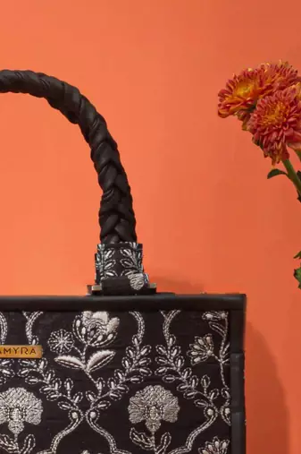 Black silk embroidered handbag