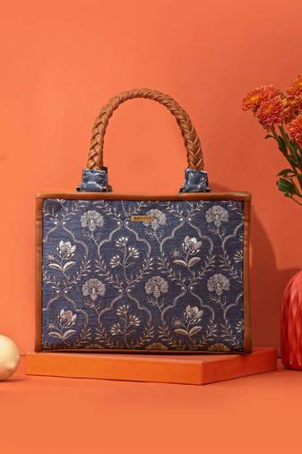 Blue silk embroidered handbag