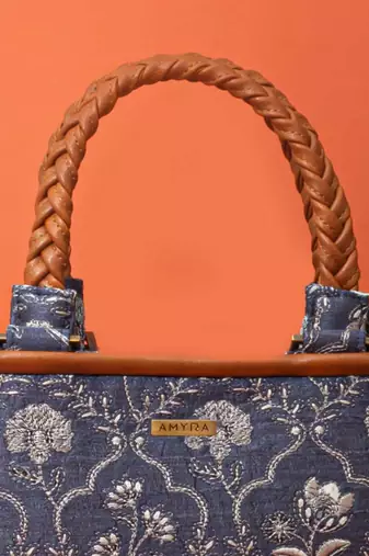 Blue silk embroidered handbag