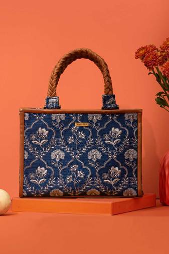 Blue silk embroidered handbag