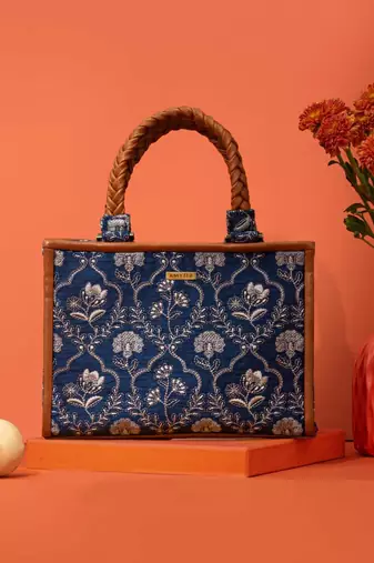 Blue silk embroidered handbag