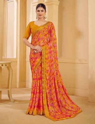 Yellow Pink Chiffon Floral Printed Sari,Saree With Unstitched Blouse Piece 1
