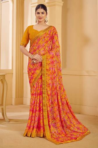 Yellow Pink Chiffon Floral Printed Sari,Saree With Unstitched Blouse Piece