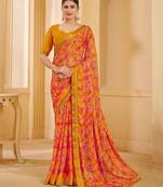 Yellow Pink Chiffon Floral Printed Sari,Saree With Unstitched Blouse Piece