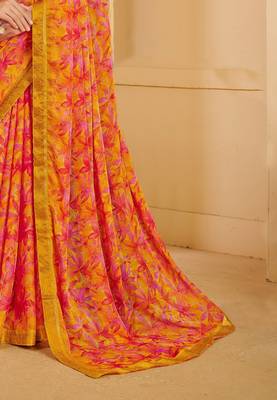 Yellow Pink Chiffon Floral Printed Sari,Saree With Unstitched Blouse Piece 2
