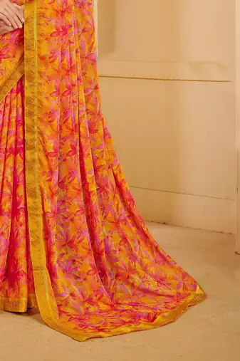 Yellow Pink Chiffon Floral Printed Sari,Saree With Unstitched Blouse Piece