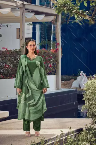 Green printed viscose silk kurta set