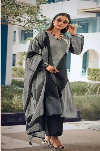 Grey printed viscose silk kurta set
