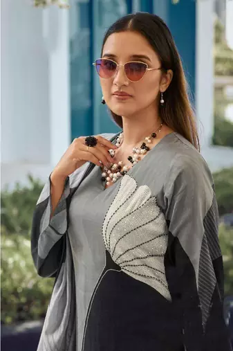 Grey printed viscose silk kurta set