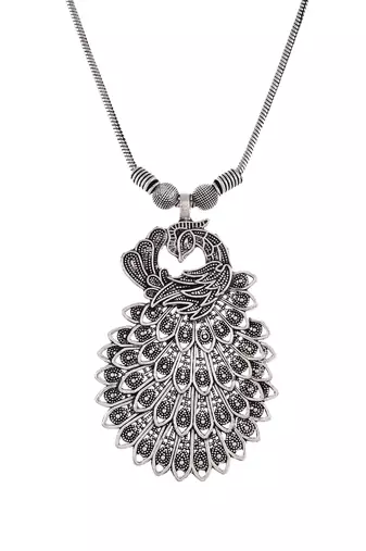 Women silver-toned peacock feather oxidized necklace