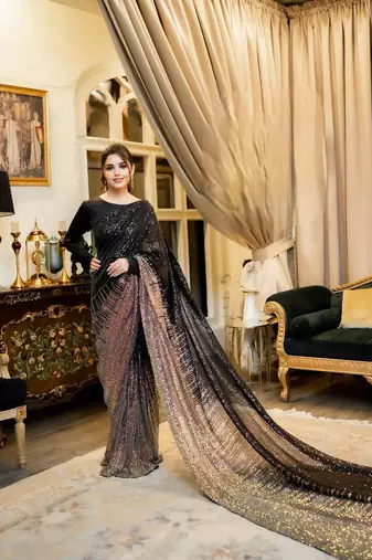 black Georgette Sequin saree With Blouse Set
