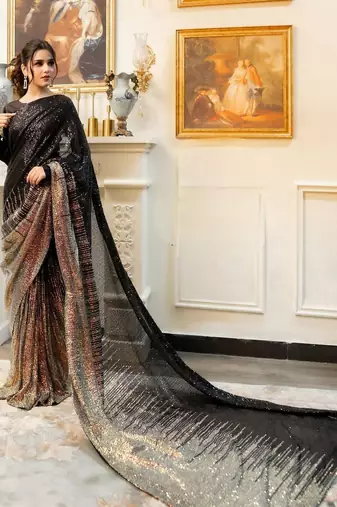 black Georgette Sequin saree With Blouse Set