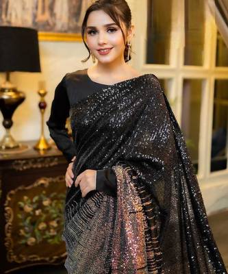 black Georgette Sequin saree With Blouse Set 3