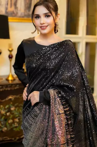 black Georgette Sequin saree With Blouse Set