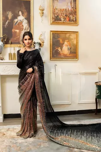 black Georgette Sequin saree With Blouse Set