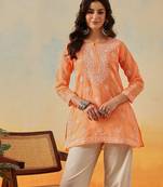 Hand embroidered orange cotton lucknowi chikankari short kurti