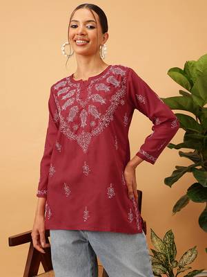 Hand embroidered maroon cotton lucknowi chikankari short kurti 1