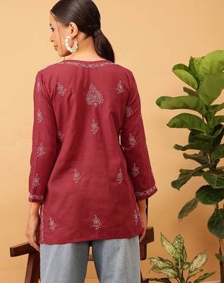 Hand embroidered maroon cotton lucknowi chikankari short kurti 2