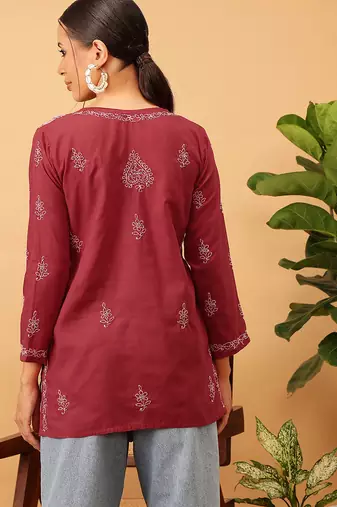 Hand embroidered maroon cotton lucknowi chikankari short kurti