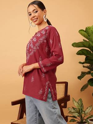 Hand embroidered maroon cotton lucknowi chikankari short kurti 3