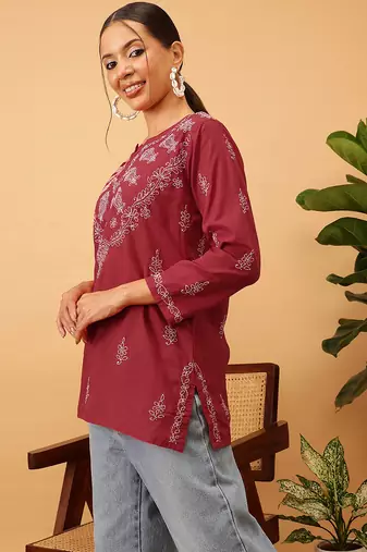 Hand embroidered maroon cotton lucknowi chikankari short kurti