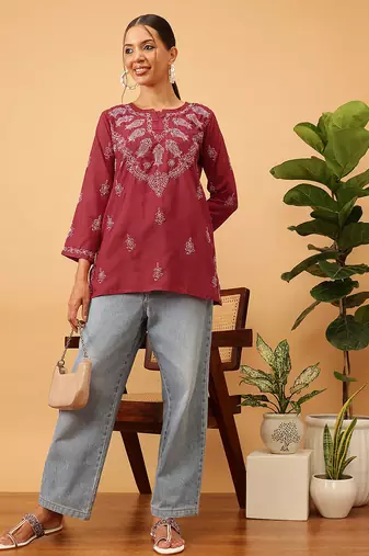 Hand embroidered maroon cotton lucknowi chikankari short kurti