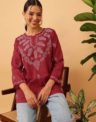 Hand embroidered maroon cotton lucknowi chikankari short kurti 5