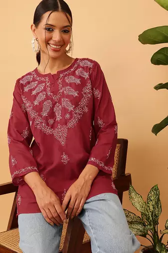 Hand embroidered maroon cotton lucknowi chikankari short kurti