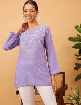 Hand embroidered mauve cotton lucknowi chikankari short kurti 1