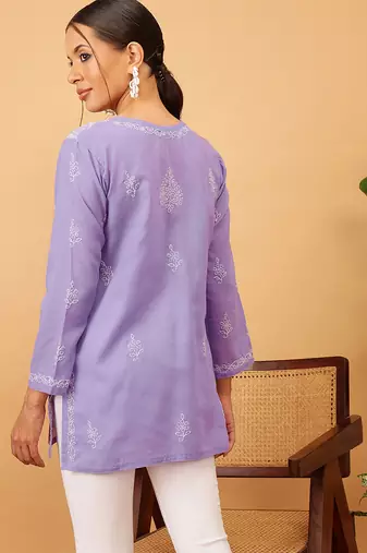 Hand embroidered mauve cotton lucknowi chikankari short kurti