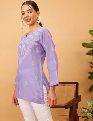 Hand embroidered mauve cotton lucknowi chikankari short kurti 3
