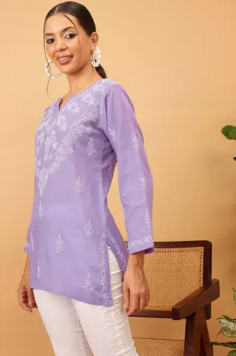 Hand embroidered mauve cotton lucknowi chikankari short kurti