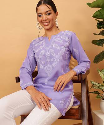 Hand embroidered mauve cotton lucknowi chikankari short kurti 4