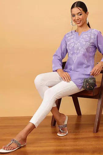 Hand embroidered mauve cotton lucknowi chikankari short kurti