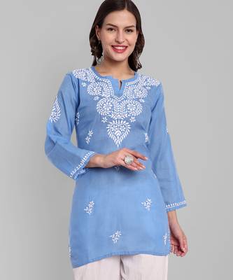 Hand embroidered pantone blue cotton lucknowi chikankari straight kurti 1